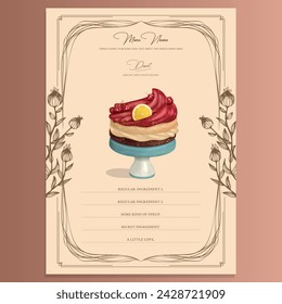 Recipe. Menu Sheet. Descriptions of the dish. Cookbook. Bar menu. Beige background with floral elements. Cake on a stand.