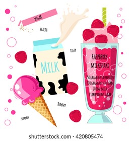 Recipe of milkshake, smoothie with milk, sugar, ice cream, raspberries. Vector illustration for cards, magazine, bar, cafe and restaurant menu. 