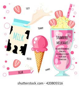 Recipe of milkshake, smoothie with milk, sugar, ice cream, strawberries. Vector illustration for cards, magazine, bar, cafe and restaurant menu. 