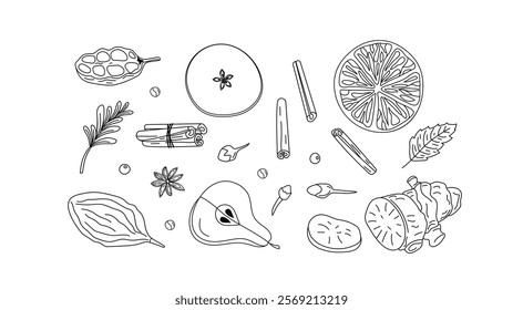 Recipe for mulled wine. Ingredients for wine drink, linear icons of spices. Cooking, winemaking. Black and white illustration. Restaurant drink card, menu, culinary master class on winemaking.