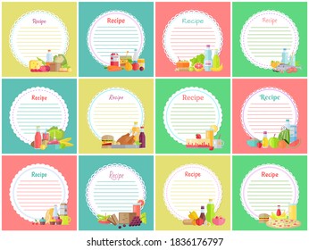Recipe note with empty lines, sticker, blank with different meal pictures for making notes, write useful information, recipe for cooking, design for brochure or book, kitchen notes for housewife