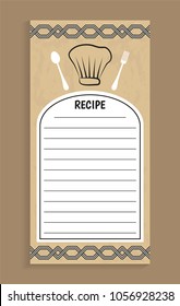 Recipe note and knife fork, recipe and empty lines to write information, ornaments and hat of chef, headline vector illustration isolated on brown