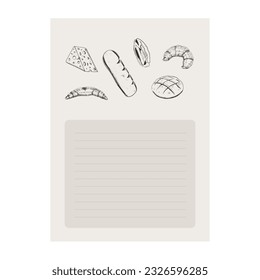 Recipe Notebook with hand drawn bread and croissants. Vector illustration.