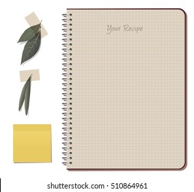 Recipe notebook. Laurel and olive leaves. Sticker yellow note. Isolated.