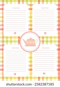 recipe notebook page template with a cute pink kettle on a checkered background