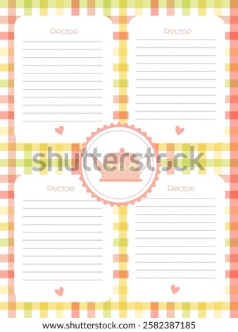 recipe notebook page template with a cute pink kettle on a checkered background