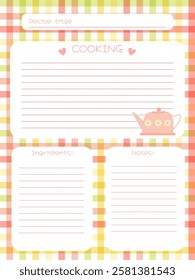 recipe notebook page template with pink kettle and checkered background