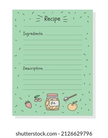 Recipe notebook sheet template with list of ingredients and description, doodle vector illustration. Hand drawn cookbook card with hand drawn fruits and jar.