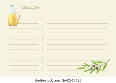 Recipe notepad with hand painted watercolor illustration of olive branch and oil bottle. Vintage old paper style.