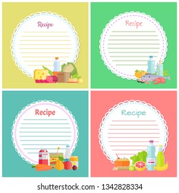 Recipe notes vector, lines for writing ingredients of dishes flat style. Meal bottle and cheese, greenery and sausage hamburger and fruits apples