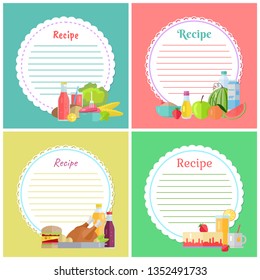 Recipe notes vector, meal and bottle with juice, cheesecake dessert with strawberry, chicken meal poultry olive oil and banana, apple and hamburger