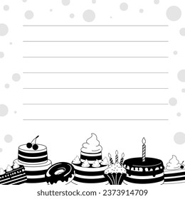 Recipe page with black and white dessert icons on a white background. Template with lines. Vector illustration for shop window design, poster, card. Copy space.