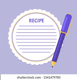 Recipe page empty sheet of paper with spare place to write in ingredients. Template of page from cookery book, food notice blank with pen or pencil, mockup