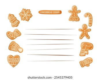 Recipe page with Gingerbread Cookies. Empty template card. Lined page with copy space for writing recipes. Homemade Christmas cookie. Vector isolated on white background. Sweet baked pastrie