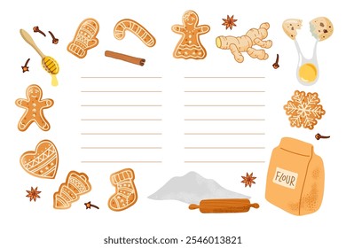 Recipe page with Gingerbread Cookies and ingredients for cooking. Empty template card, Lined page with copy space for writing recipes. Homemade Christmas cookie. Vector isolated on white background