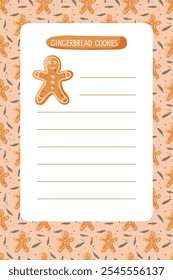 Página de recetas con decoración de galletas Gingerbread Man. Tarjeta de Plantilla vacía en el patrón de cookies sin fisuras. Página alineada con espacio de copia para escribir recetas. Galleta casera. Vector aislado. Pasteles dulces horneados