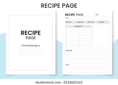 Recipe Page Log Book design template, interior design with black and white paper