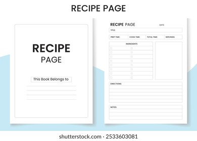 Recipe Page Log Book design template, interior design with black and white paper