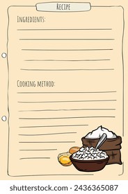 Recipe page template for a cookbook. Bright vector illustration of a bag of flour, eggs, cottage cheese. Place for text.