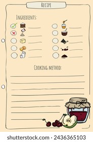 Recipe page template with list of ingredients, space for description. Book of recipes. Vector illustration