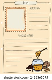 Recipe page template with space for photo and text. Cookbook. Vector illustration of honey, walnuts and raisins.