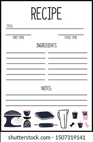 Recipe page template vector, A4 printable page for planner, diary, notebook or organiser, cook book. 