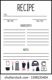 Recipe page template vector, A4 printable page for planner, diary, notebook or organiser, cook book. 