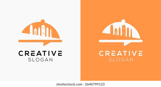 Recipe philadelphia logo design templates. Modern isolated Chef with Skyline philadelphia city symbols for restaurant and food