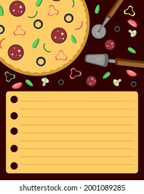 Recipe for pizza with sheet of paper where you write the ingredients folding. Vector illustration in cartoon style.