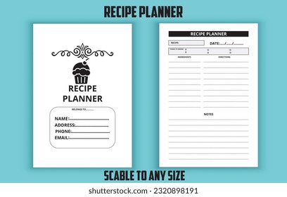 Planificador de recetas. diario de cocina. Planificador de cuadernos de registro de recetas. Plantilla de diseño interior de kdp de bajo contenido