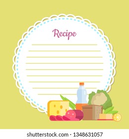 Recipe round cookbook in yellow decorated by bottle, sausage and cheese, bread and batter, cabbage and lemon, noting list for homemade dish vector