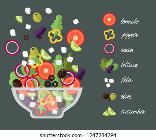 Recipe Of Salad Cooking. Greek Salad. Menu With Greek Salad, Flat Illustration. Vector.