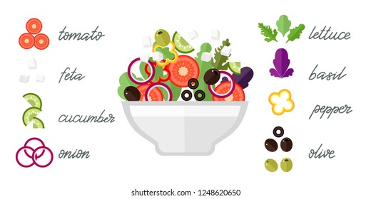 Recipe of salad cooking. Greek salad. Menu with greek salad, flat illustration. Vector.