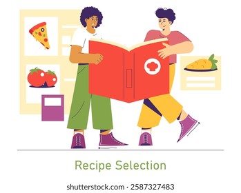 Recipe selection and cooking fun come to life in this illustration. Two friends joyfully explore recipes together, influenced by the pizza and fresh ingredients around them. Culinary creativity shines