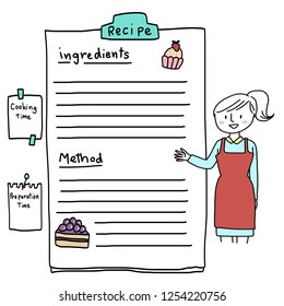 Recipe sheet with stripe lined paper for adding your own recipe held with a bulldog clip. Cute doodled illustration of woman in apron pointing to recipe with cakes decorated on the top and the bottom.