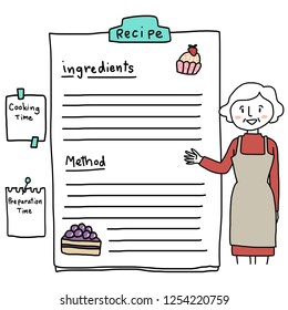 Recipe sheet with stripe lined paper for adding your own recipe held with a bulldog clip. Cute doodled illustration of woman in apron pointing to recipe with cakes decorated on the top and the bottom.