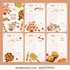 Folhas de receita. Planejador de receitas para churrasco. Apresenta carne grelhada, legumes e ingredientes de piquenique. Ilustração de vetor plano.