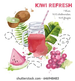 Recipe of smoothie with fruit. Vector illustration for greeting cards, magazine, cafe and restaurant menu. 