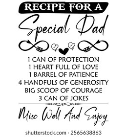 recipe For a special dad 1 can of protection 1 heart full of love 1 barrel of patience 4 handfuls of generosity big scoop of courage 3 can of jokes misc well and enjoy