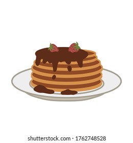 Receta. Una pila de crepes con chocolate y fresas. Ilustración vectorial simple aislada en fondo blanco.