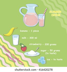 The recipe for a summer drink. Banana-strawberry smoothie. Cold drink strawberry and banana. Vector illustration card, magazine, cafÃ© and restaurant menus. Fresh cocktail for a healthy lifestyle.