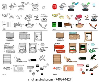 Recipe sushi and roll vector diy instruction manual illustration sketch meal food