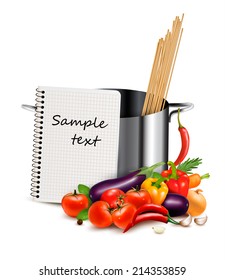 Recipe template. Cookbook, vegetables and casserole. Vector