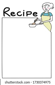 Recipe template with cute woman cooking. Recipe sheet for adding your own recipe with cute doodled illustration of woman in apron holding wooden spoon and stirring soup in pot on the top right corner.