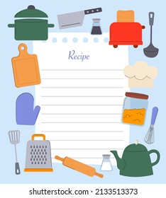 Recipe template with kitchenware elements. Vector Flat Illustration.