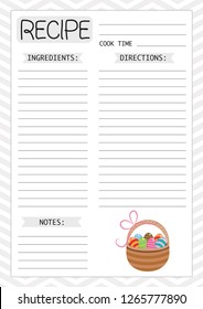 Recipe template, page for planner, cook book. Vector illustration with Easter basket with eggs.