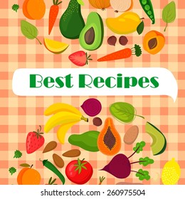 Recipe template vector design with fruits and vegetables:  banana, mango, papaya, orange, lemon, strawberry, avocado,spinach,carrots, beet, potatoes, onion, tomatoes and green peas
