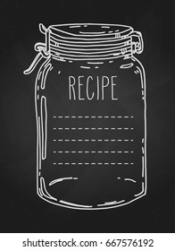 Recipe template. Vector hand drawn illustration with vintage jar. Contour chalk sketch in white over black chalkboard.