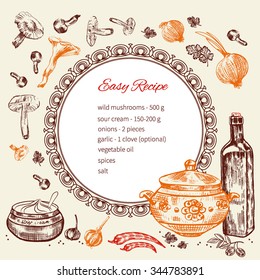 Recipe template, Vector page menu design, Kitchen background, Stylish sketched culinary  hand drawn elements: pan, mushrooms, bottle with olive oil, peppers, parsley, olives, garlic, pot, saucepan