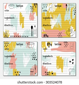 Recipe vector card template + kitchen design elements. Made with ink.